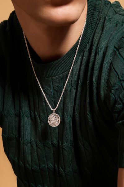 Sterling Silver 24mm Round St Christopher Necklace with Rope Chain