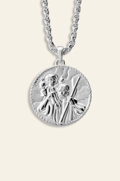 Sterling Silver 24mm Round St Christopher Necklace with Rope Chain