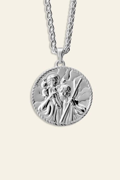 Sterling Silver 24mm Round St Christopher Necklace with Spiga Chain