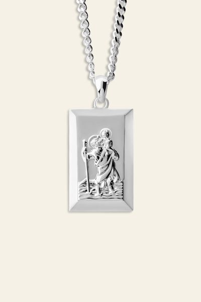 Sterling Silver Large Rectangle St Christopher Necklace