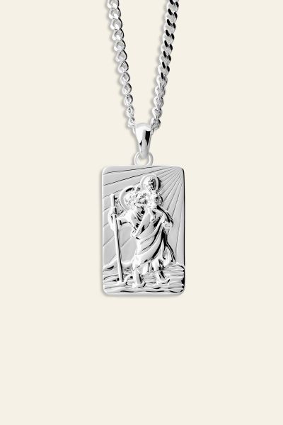 Sterling Silver Large Rectangle St Christopher Necklace