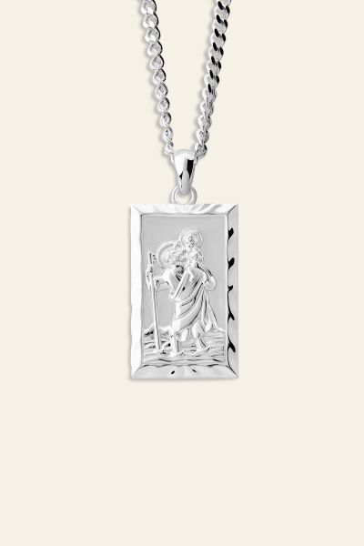 Sterling Silver Large Rectangle St Christopher Necklace