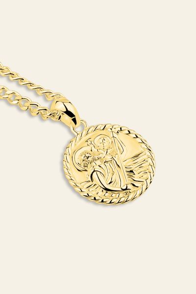 Gold Plated Sterling Silver 16mm Round St Christopher Necklace