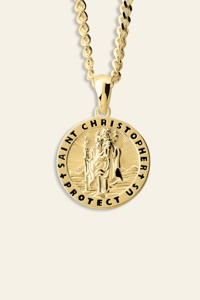Gold Plated Sterling Silver 16mm Round St Christopher Necklace