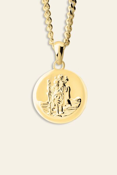 Gold Plated Sterling Silver 16mm Round St Christopher Necklace