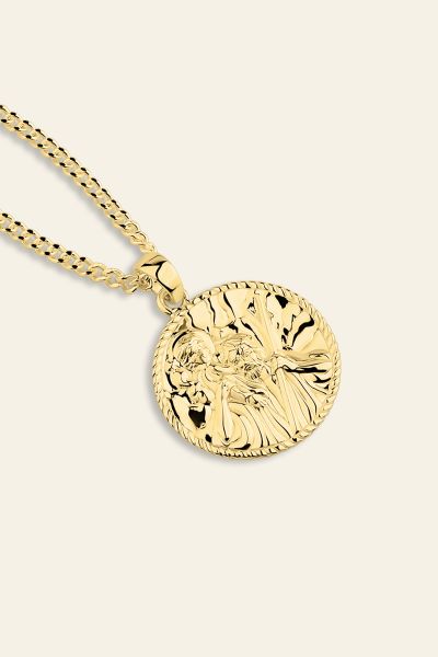 Gold plated Sterling Silver  20mm Round St Christopher Necklace with Curb Chain