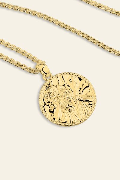 Gold plated Sterling Silver  20mm Round St Christopher Necklace with Spiga Chain