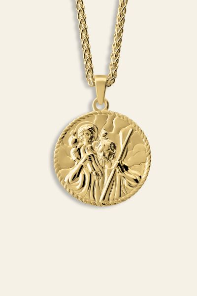 Gold plated Sterling Silver  20mm Round St Christopher Necklace with Spiga Chain