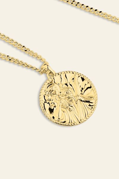 Gold plated Sterling Silver  24mm Round St Christopher Necklace with Curb Chain