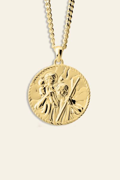 Gold plated Sterling Silver  24mm Round St Christopher Necklace with Curb Chain