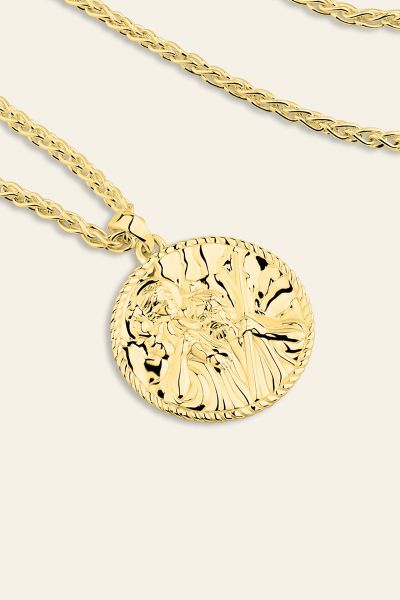 Gold plated Sterling Silver  24mm Round St Christopher Necklace with Spiga Chain