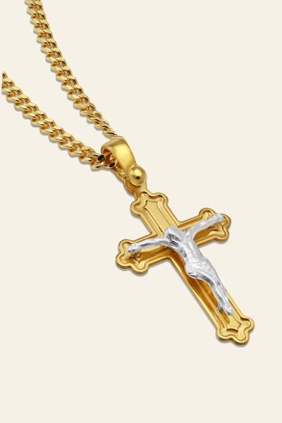 Gold Plated on Sterling Silver Budded Crucifix Cross Necklace