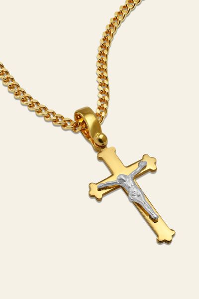 Gold Plated on Sterling Silver Budded Crucifix Cross Necklace