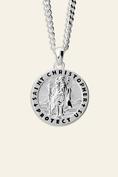 Sterling Silver 20mm Round St Christopher Necklace