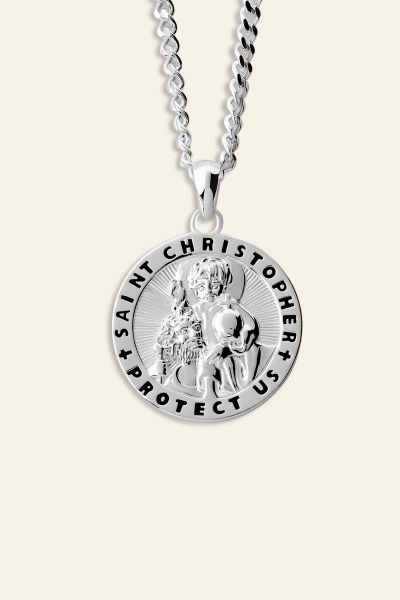 Sterling Silver 20mm Round St Christopher Necklace