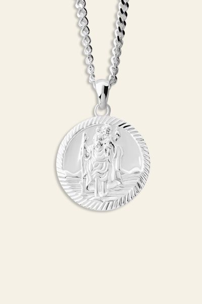 Sterling Silver 20mm Round St Christopher Necklace
