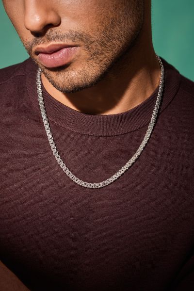 Sterling Silver 5.4mm Greek Box Pave Chain Necklace  