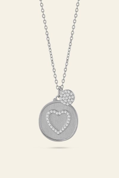 Sterling Silver Cubic Zirconia Heart Disc Necklace