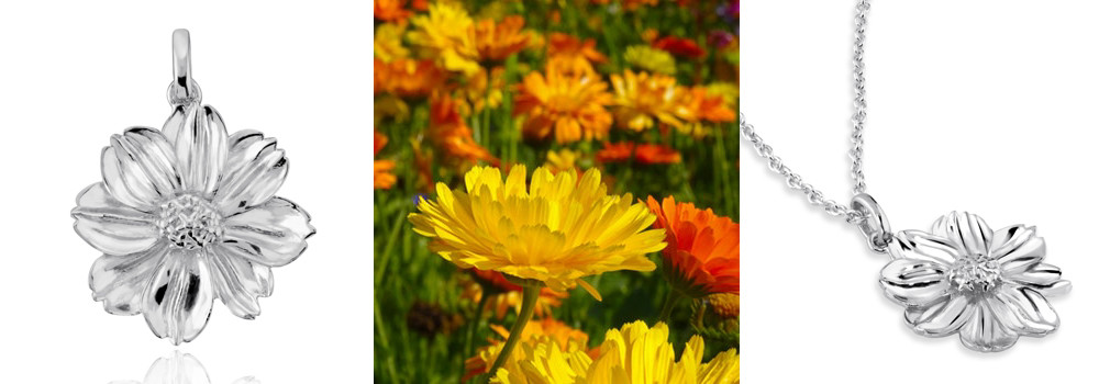 Sterling Silver October Marigold Flower Pendant